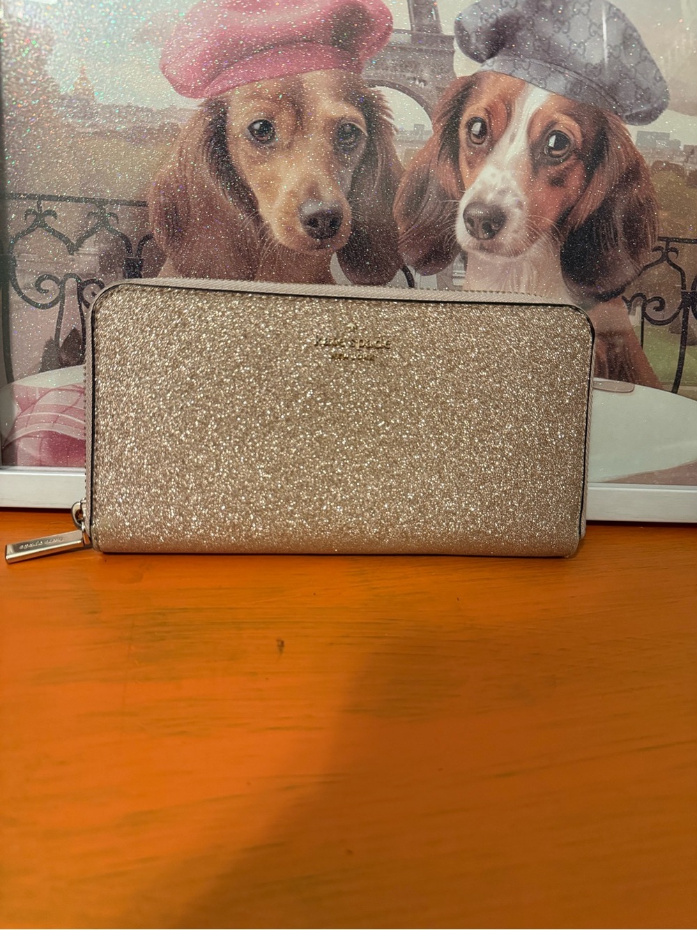 Kate Spade Rose Gold Glitter Continental Zip-Around Wallet EUC